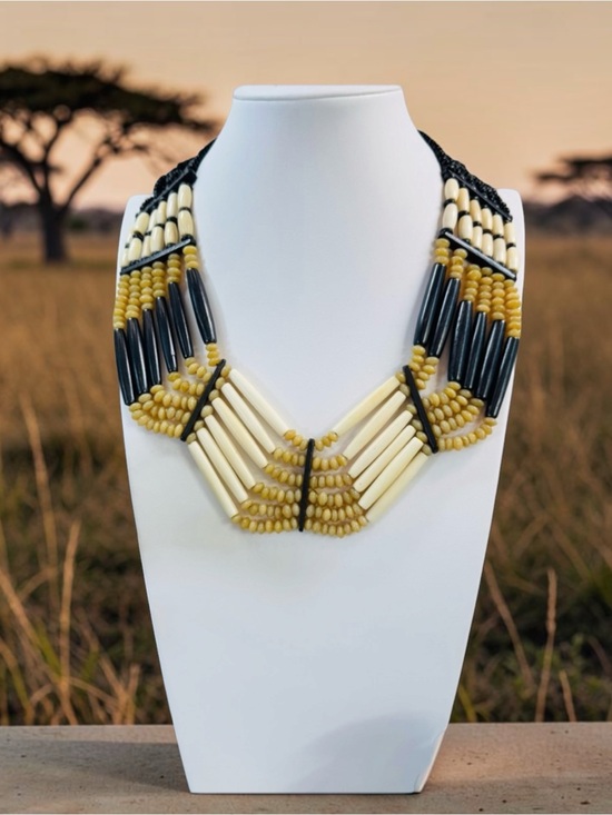 Vintage Jewelry - Vintage Artisan Handmade Bone, Glass and Horn Tribal Necklace 18-20 in.